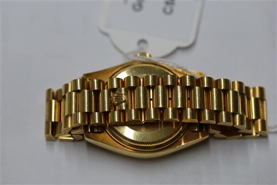 A gentlemans 1980s? 18ct gold Rolex Oyster Perpetual Day Date wristwatch, on 18ct gold Rolex bracelet with deployment clasp,